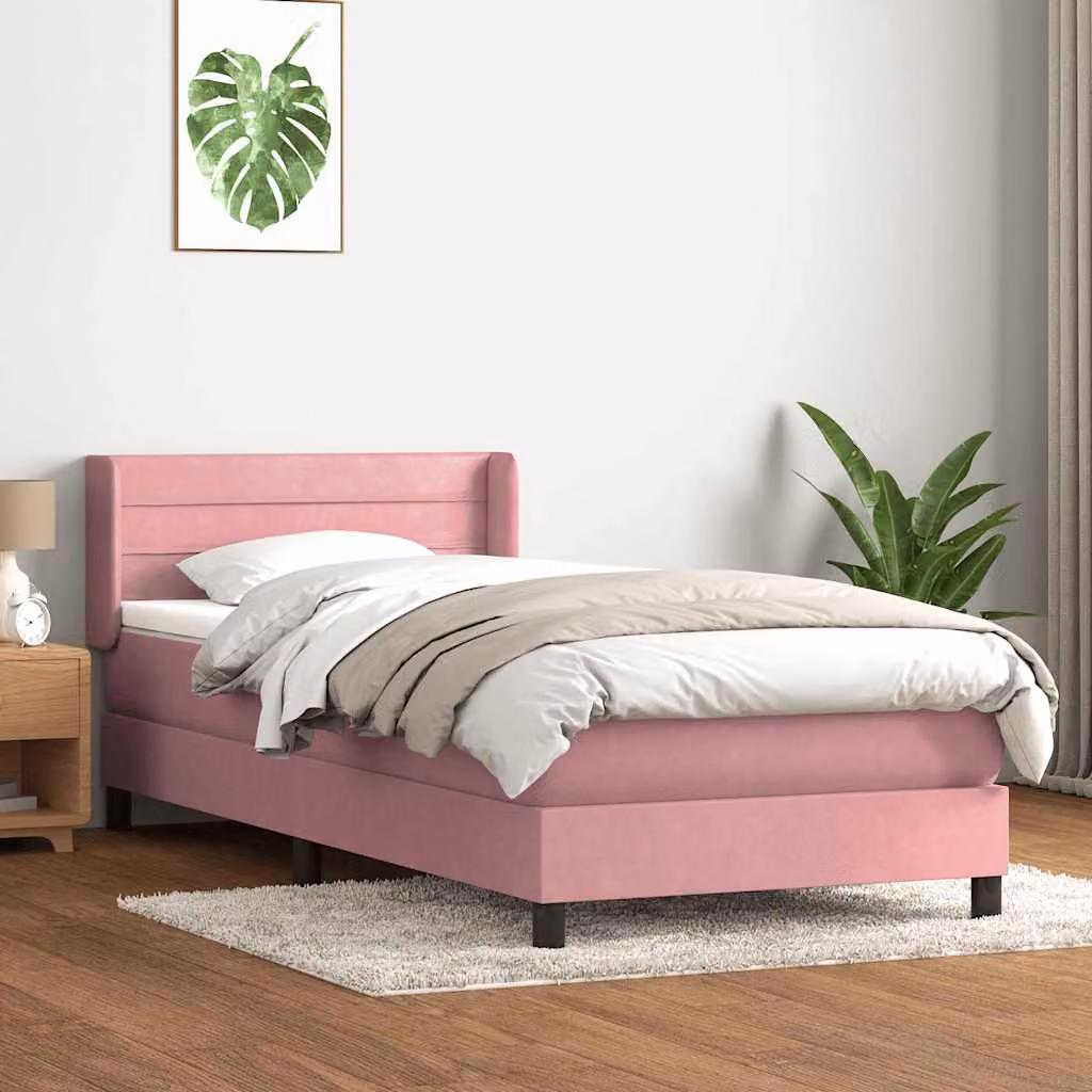 vidaXL Giroletto a Molle con Materasso Ibrido in Velluto Rosa e Bianco L: 83 cm, P: 223 cm, H: 88 cm