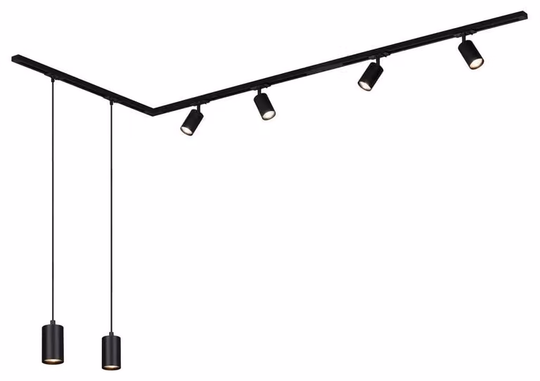 Sistema a binario Briloner Rail, set completo, 4 faretti GU10, 2 pendenti GU10, orientabili, forma a L, nero, 2,25 m