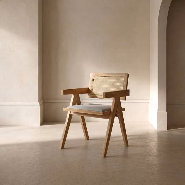 Sedia Dong Banak in legno di faggio con braccioli e seduta imbottita beige e marrone in stile mid-century