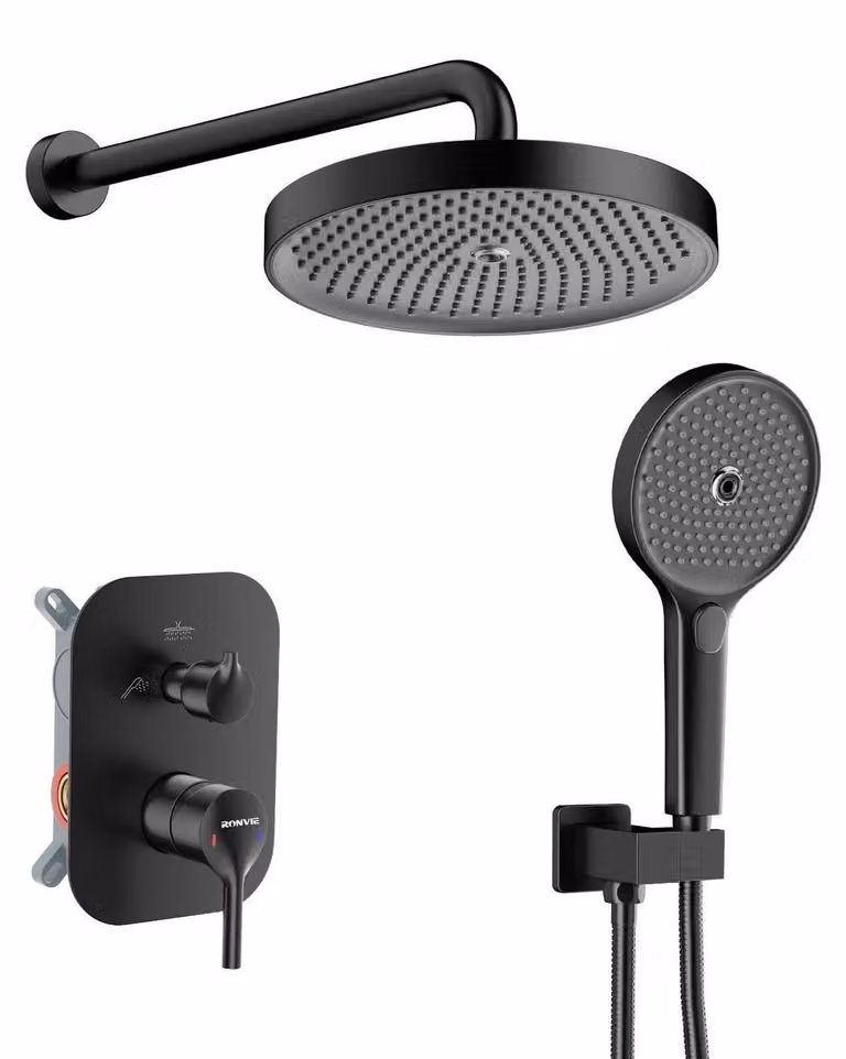 Set di rubinetteria per doccia da incasso, con doccia a pioggia e soffione manuale, finitura nero opaco, diametro 25 cm, forma rotonda