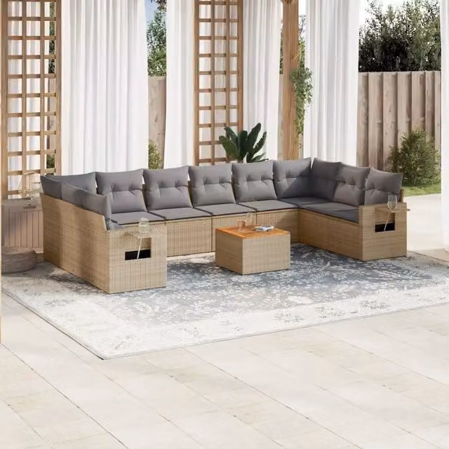 Set di divani da giardino vidaXL in polyrattan con cuscini beige e grigi composto da 11 pezzi con tavolino e pouf