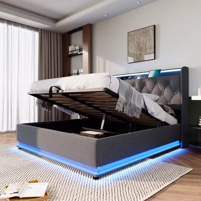 Letto contenitore 160 × 200 cm con LED a 360 gradi testiera imbottita in lino grigio USB e Type-C