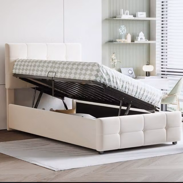 Letto contenitore per bambini 90 × 200 cm con sollevamento idraulico e testiera regolabile, senza materasso, beige
