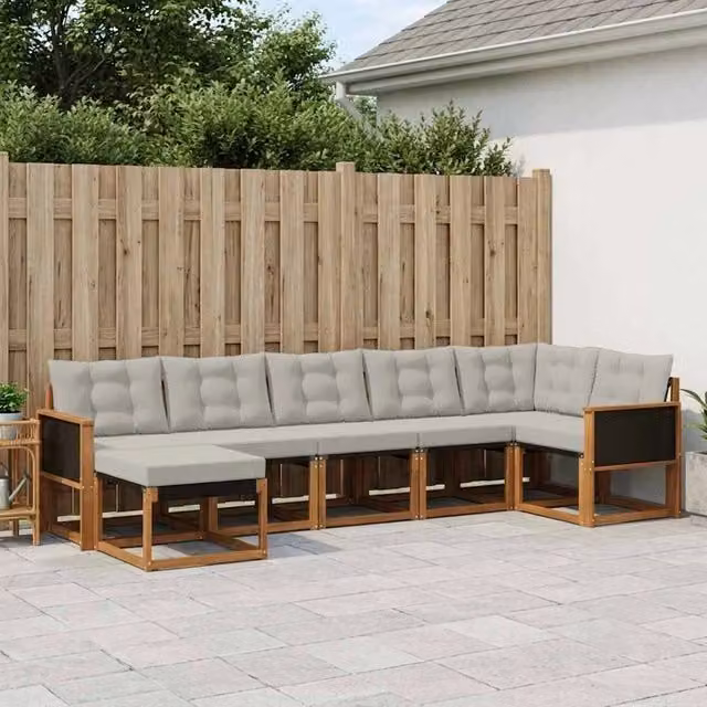 Set di divani da esterno a L vidaXL in legno di acacia con cuscini e pouf, 7 pezzi, Marrone e Grigio – 1