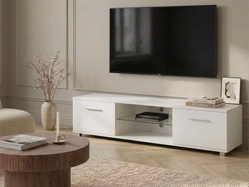 Mobile TV moderno BELIANI bianco con illuminazione LED, ante e sistema di gestione cavi, gambe in metallo e MDF, L: 160 cm, P: 40 cm, H: 38 cm – 2