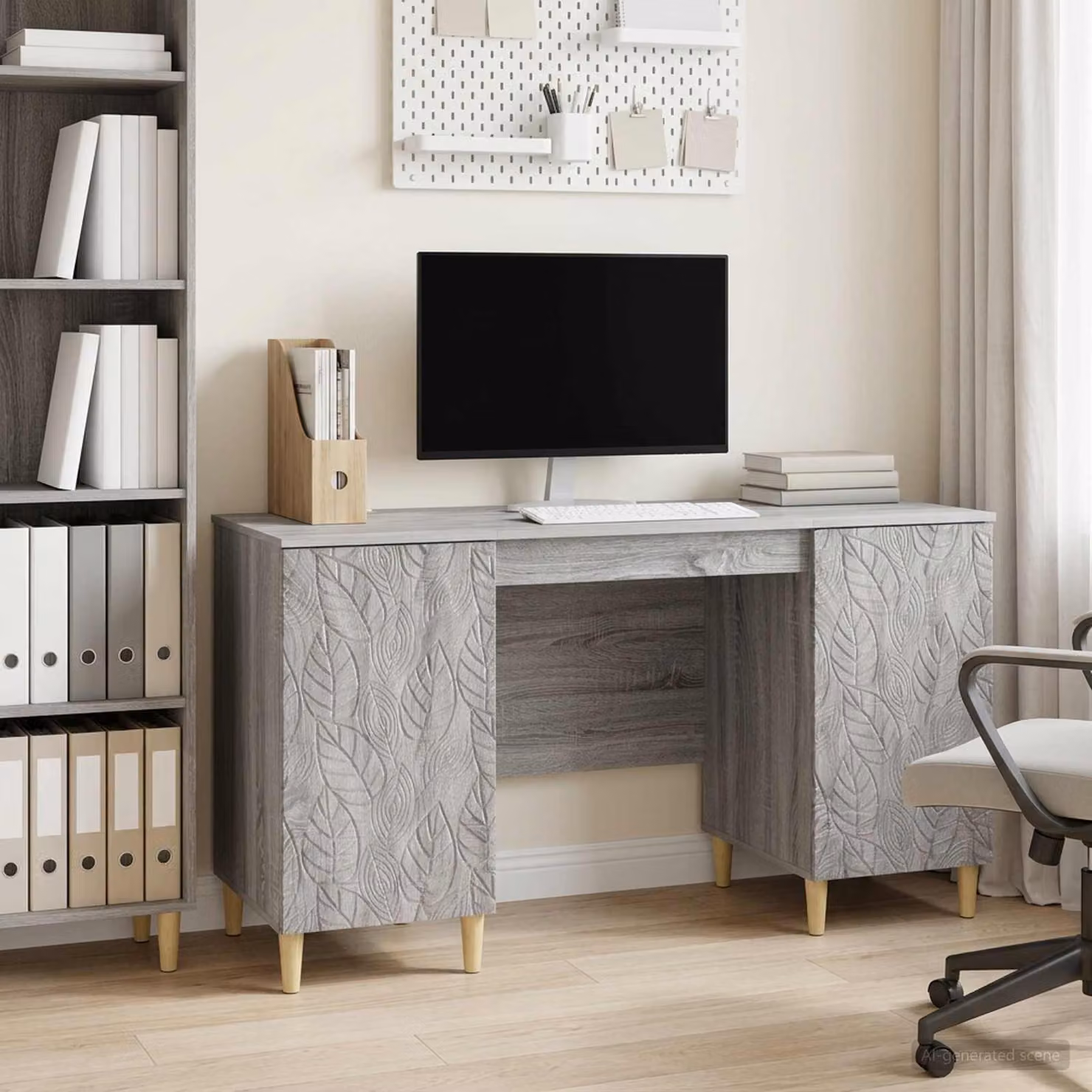 Scrivania moderna vidaXL in legno e MDF, colore grigio e marrone, L: 142,5 cm, P: 50 cm, H: 75 cm