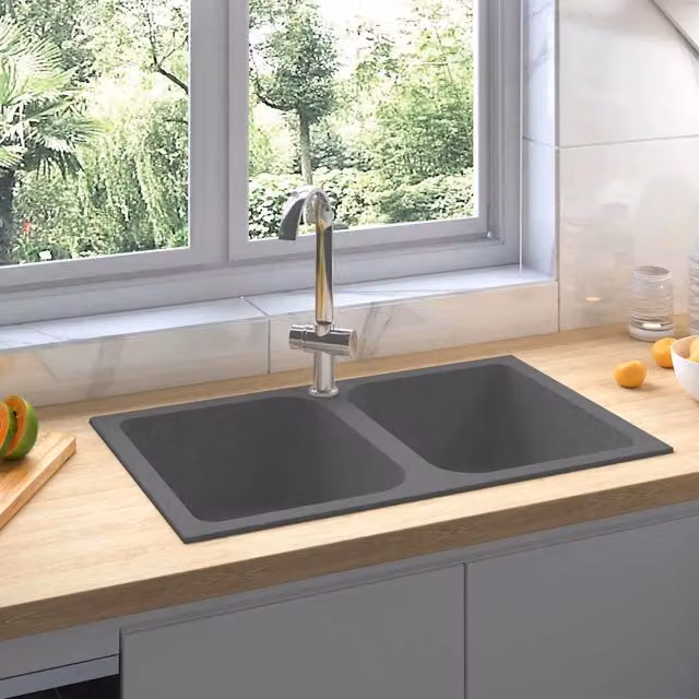 Lavello da cucina in granito grigio vidaXL L: 76 cm, P: 48 cm, H: 18,4 cm