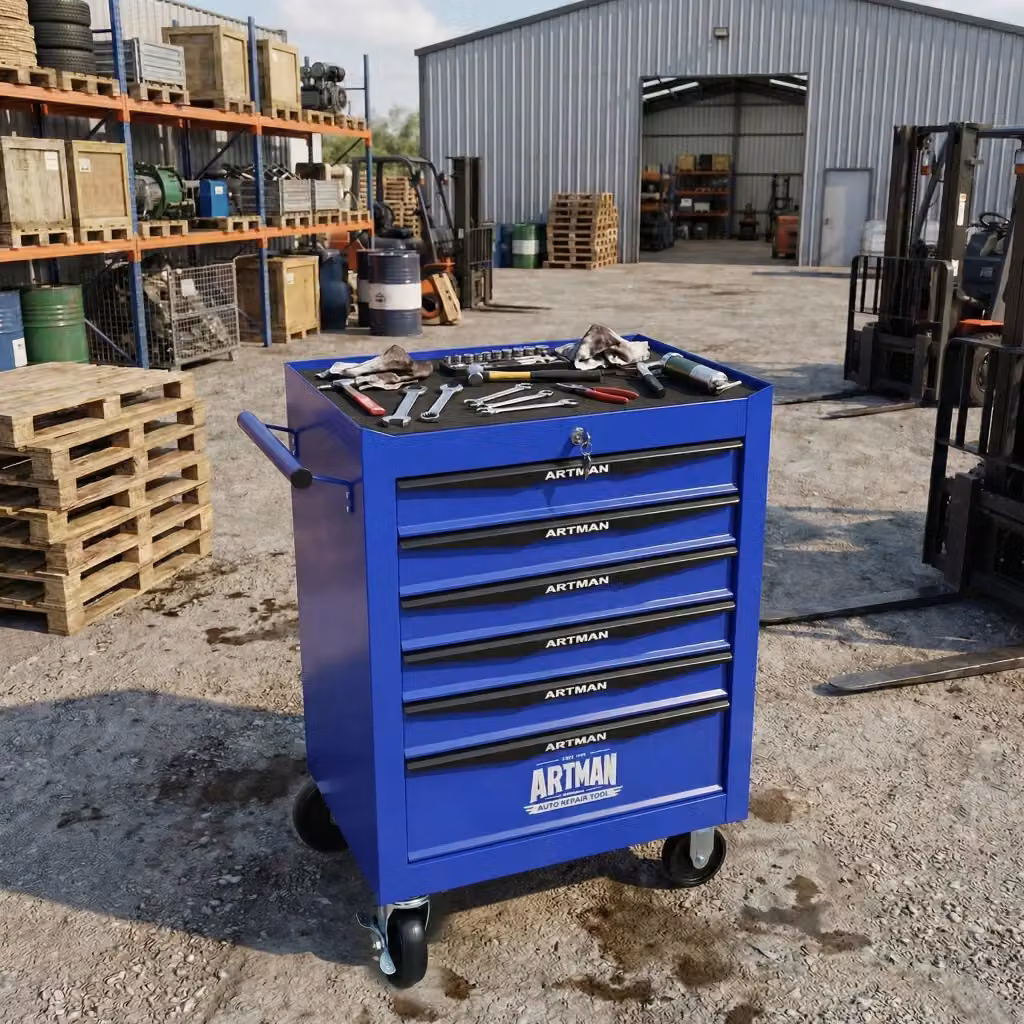 Carrello porta attrezzi REDOM con 6 cassetti in acciaio, nero e blu, con ruote e chiusura di sicurezza – 2