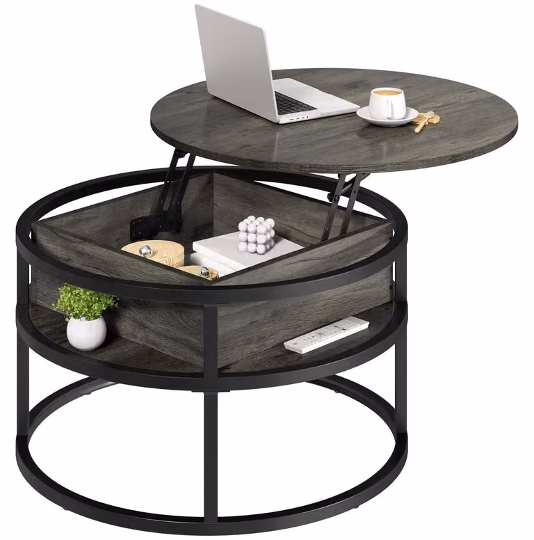 Tavolino rotondo con piano sollevabile, vano portaoggetti, 80x80x47 cm, colore grigio
