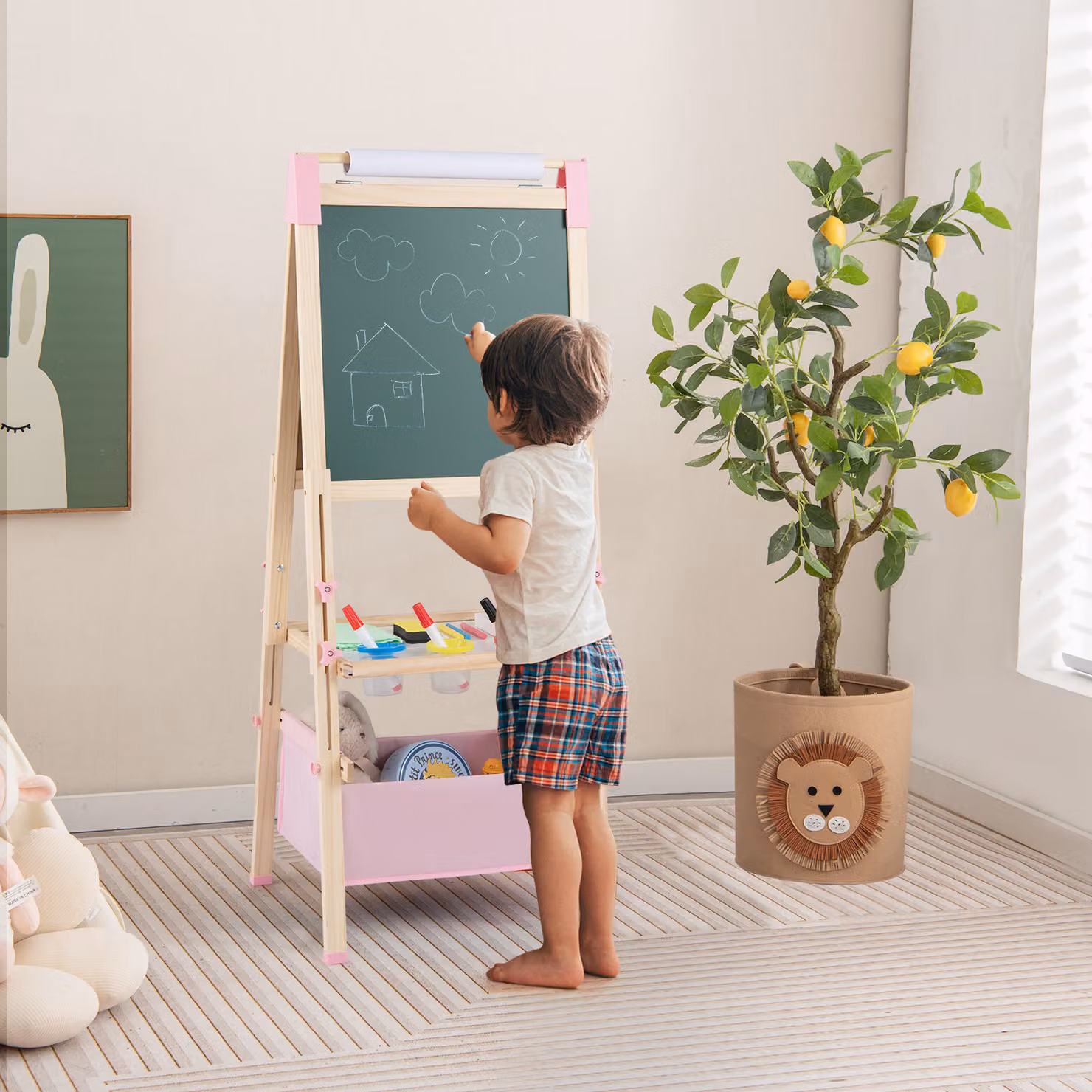 Cavalletto per bambini Costway in legno regolabile in altezza, modello a doppio lato con rotolo di carta sostituibile, colore rosa
