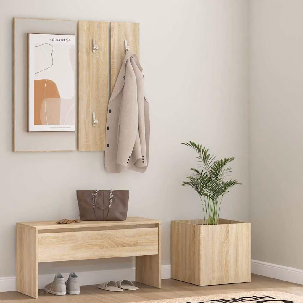 Set di Mobili da Corridoio Moderno vidaXL in Legno Rovere e Beige con Panca, Specchio e Appendiabiti