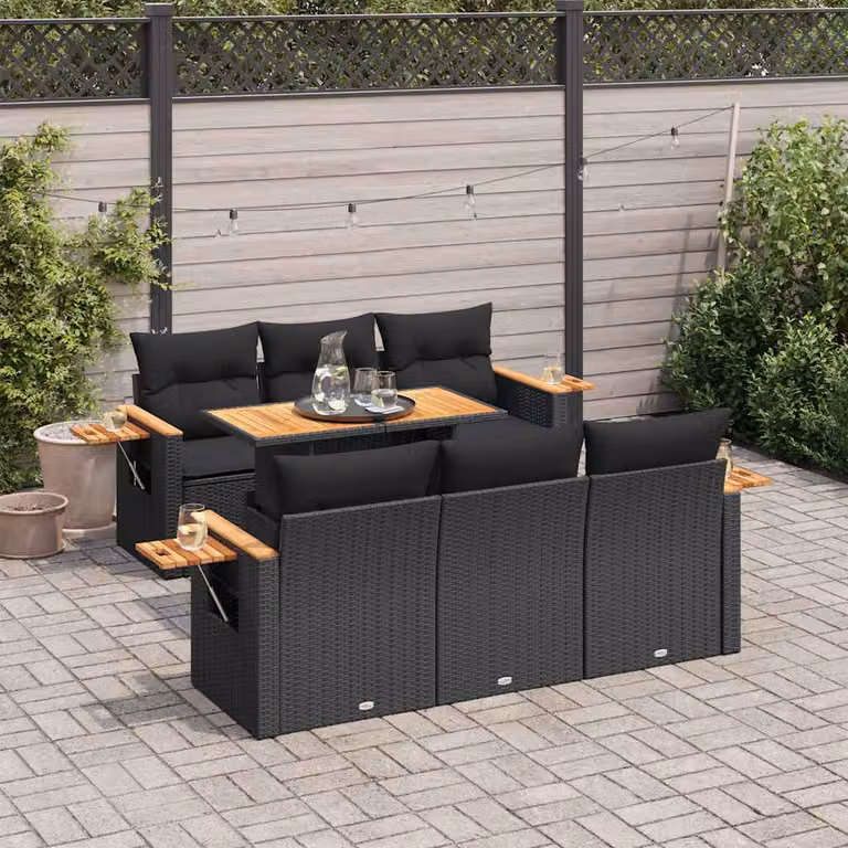 Set Divani da Giardino vidaXL a Forma di L con Cuscini e Tavolino, Polyrattan e Legno di Acacia, Nero