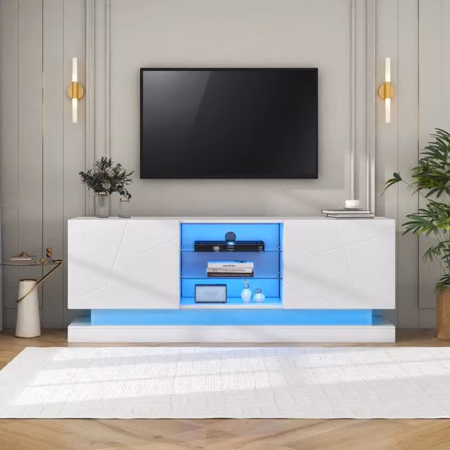 Mobile TV Mivray bianco lucido con ripiano in vetro regolabile e illuminazione integrata, L 160 x P 38.5 x H 60 cm