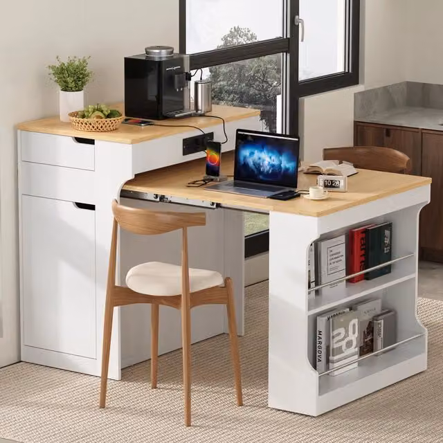 Tavolo da pranzo allungabile con 2 cassetti, ripiani regolabili e prese integrate, per cucina e sala da pranzo, bianco