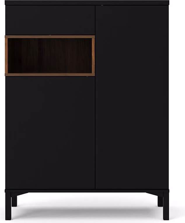 Piccola credenza 2 ante, 1 cassetto e 1 scomparto, decorazioni in nero e noce.