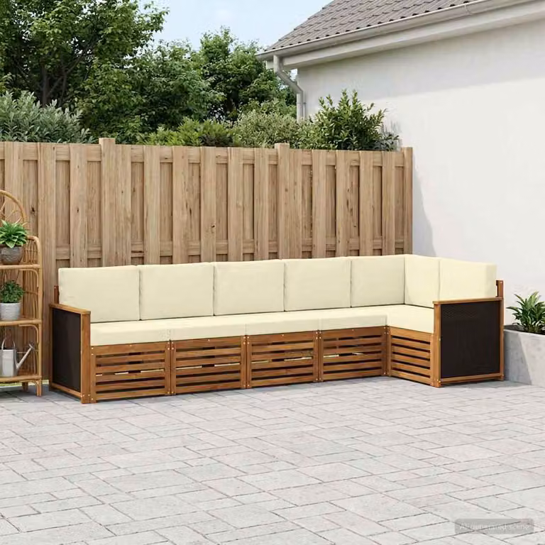Set di divani da esterno vidaXL a forma di L in legno di acacia con cuscini, colore naturale e crema