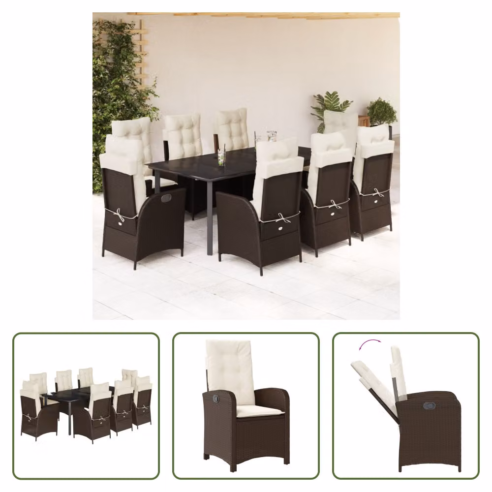 The Living Store Set da pranzo da giardino 9 pezzi con cuscini in polirattan marrone