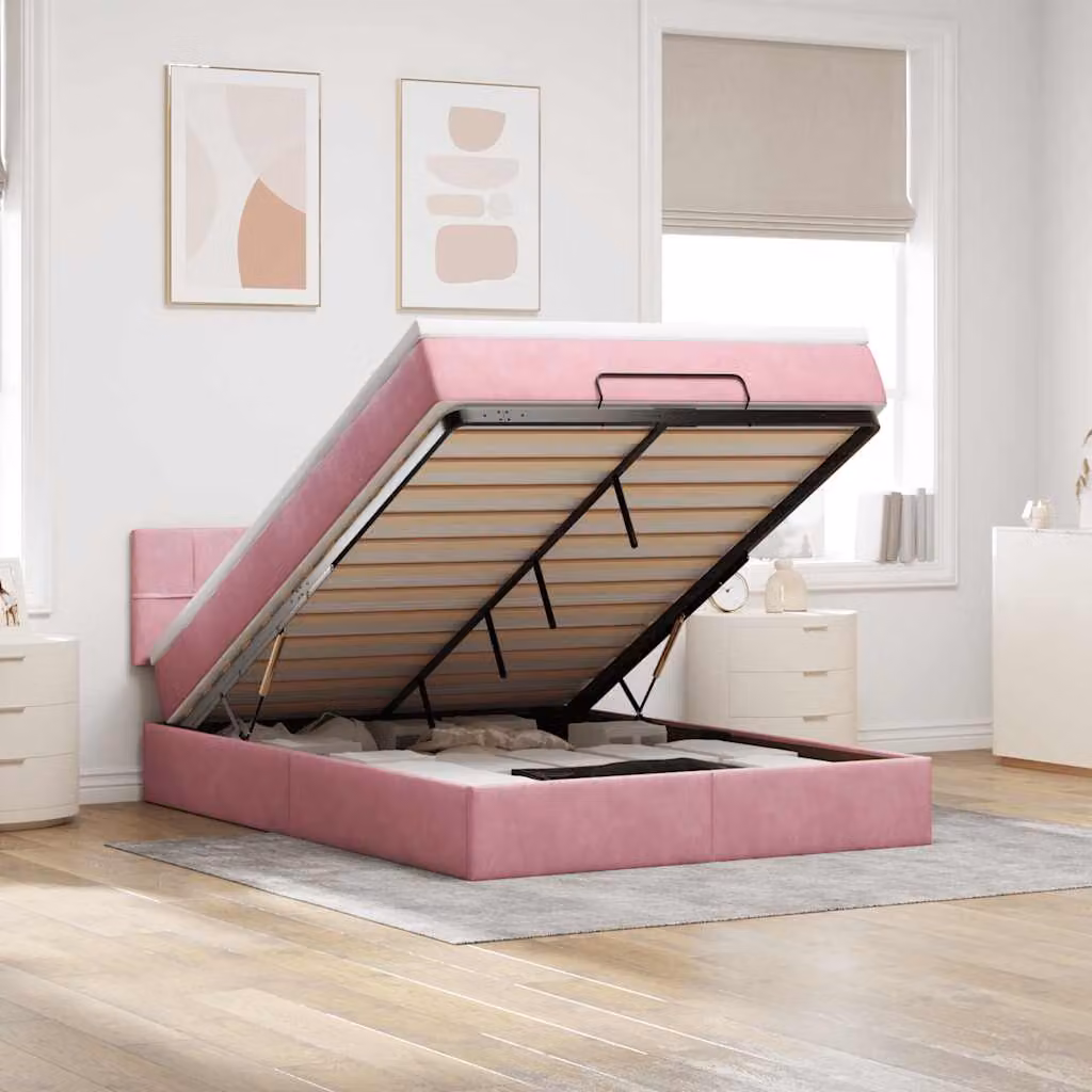vidaXL Struttura Letto con Materasso e Pouf in Velluto Rosa e Bianco, L/P/H: 193 x 144 x 88 cm con Base a Sollevamento, Illuminazione Sotto il Letto e Porte USB – 1