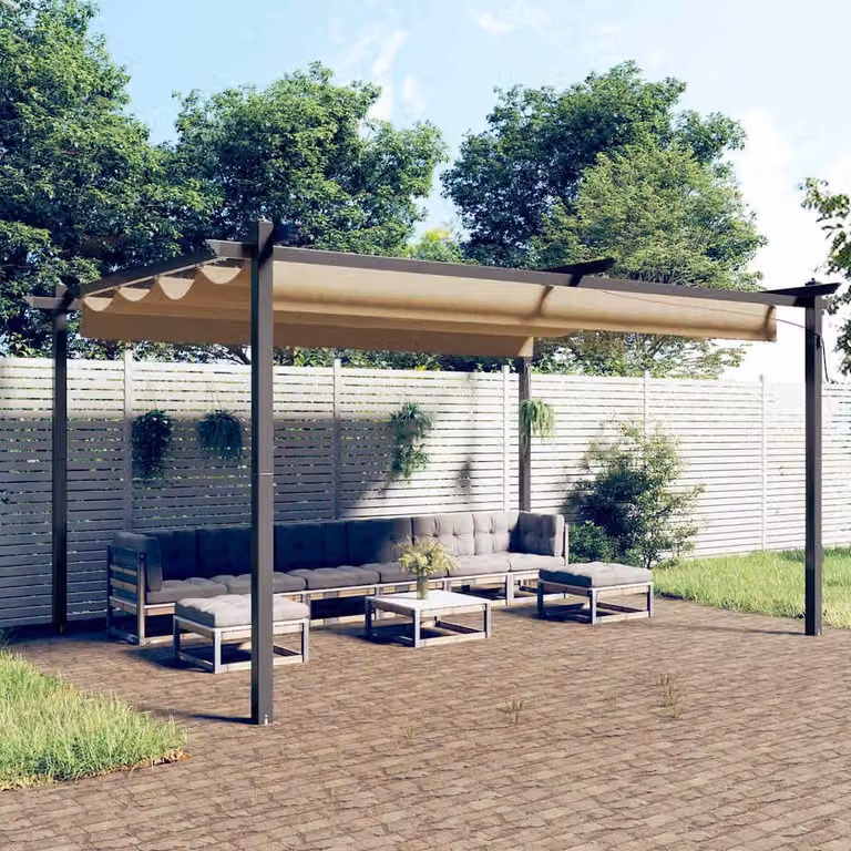 Pergola da Giardino vidaXL con Tetto Retrattile in Poliestere e Acciaio, Beige, L: 400 cm, P: 300 cm, H: 220 cm