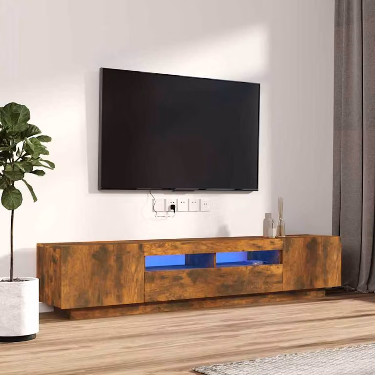 Set di mobili TV moderno vidaXL in legno multistrato e MDF, 2 pezzi con luci LED integrate, colore Rovere Fumo