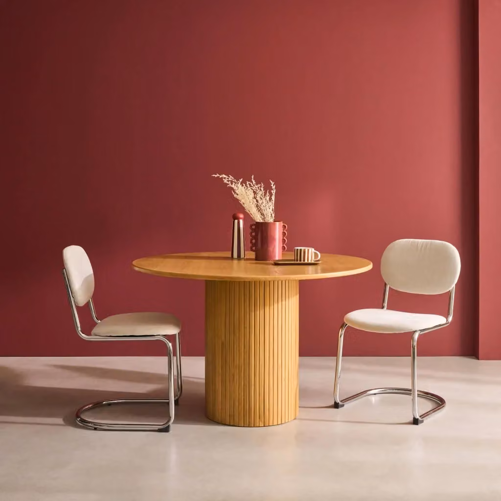 Tavolo da pranzo rotondo moderno Sweeek in legno di quercia e MDF, colore marrone e nero, L: 115 cm, H: 73 cm, P: 115 cm – 2