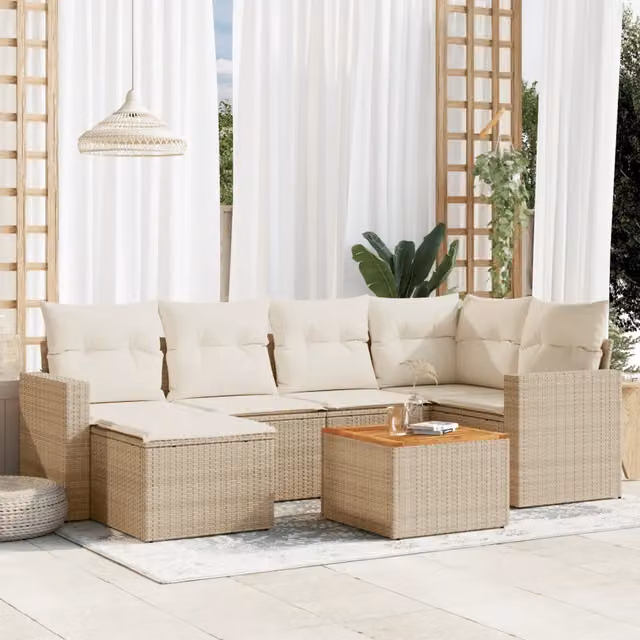 Set Divani da Giardino 7 pz con Cuscini Beige in Polyrattan 3256555