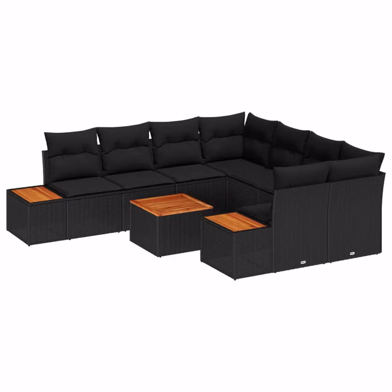 Set Divano da Giardino a L con Tavolino vidaXL, 9 Pezzi, Nero, con Cuscini e Struttura in Acciaio Verniciato a Polvere e Rattan