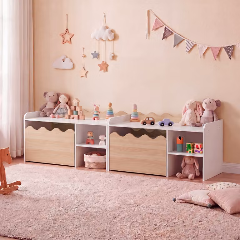 Scaffale per giocattoli e libreria 2 in 1 Costway in legno naturale con carrello su ruote e coperchio ribaltabile per cameretta bambini