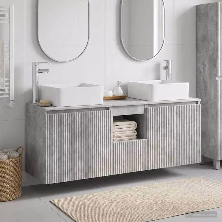 Set di 3 mobili da bagno moderni vidaXL in legno e metallo grigio, comprensivo di mobile sottolavabo e pensili a parete, L/P/H: 49,5 x 41 x 63 cm