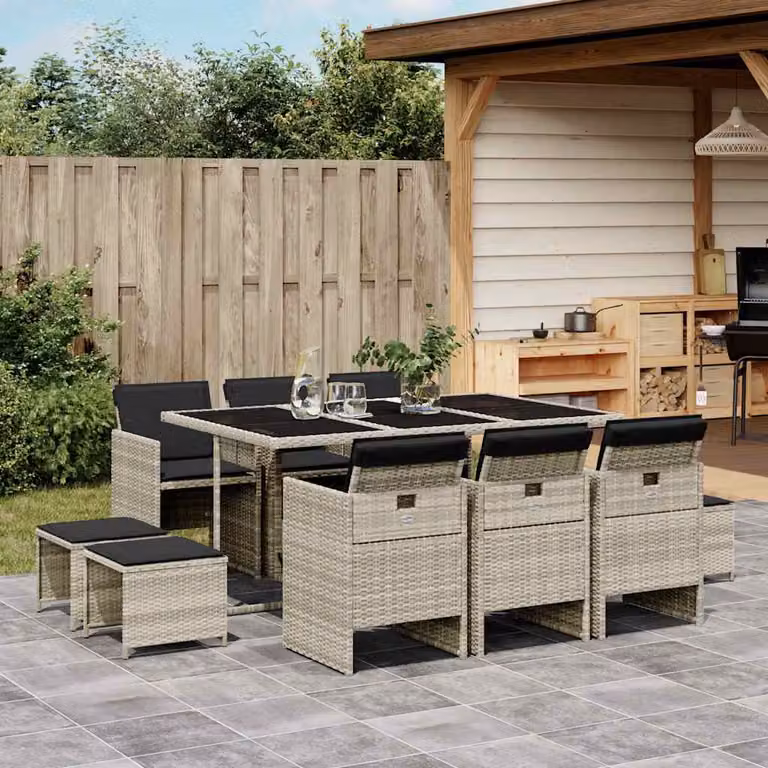 Set Pranzo da Giardino vidaXL in Polyrattan con Cuscini Grigio Chiaro e Piano in Vetro, 11 Pezzi