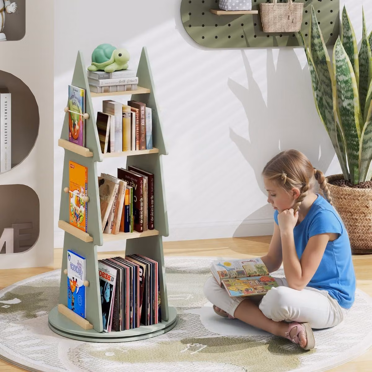 Costway Libreria rotante per bambini in legno per camera da letto, Scaffale a forma di albero con 4 ripiani Verde