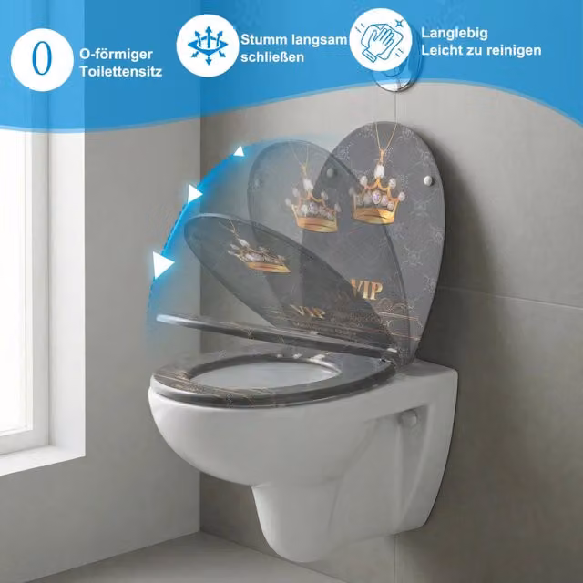 Homseat Sedile WC Universale in MDF con Chiusura Rallentata Soft Close Motivo Corona Nero Robusto Facile da Montare