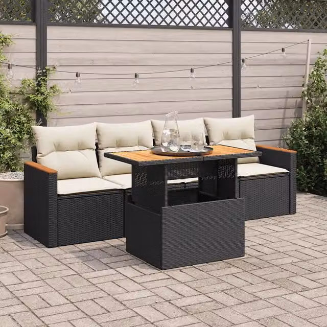 Set Divani da Giardino 5 pz con Cuscini Nero Polyrattan Acacia 3327430