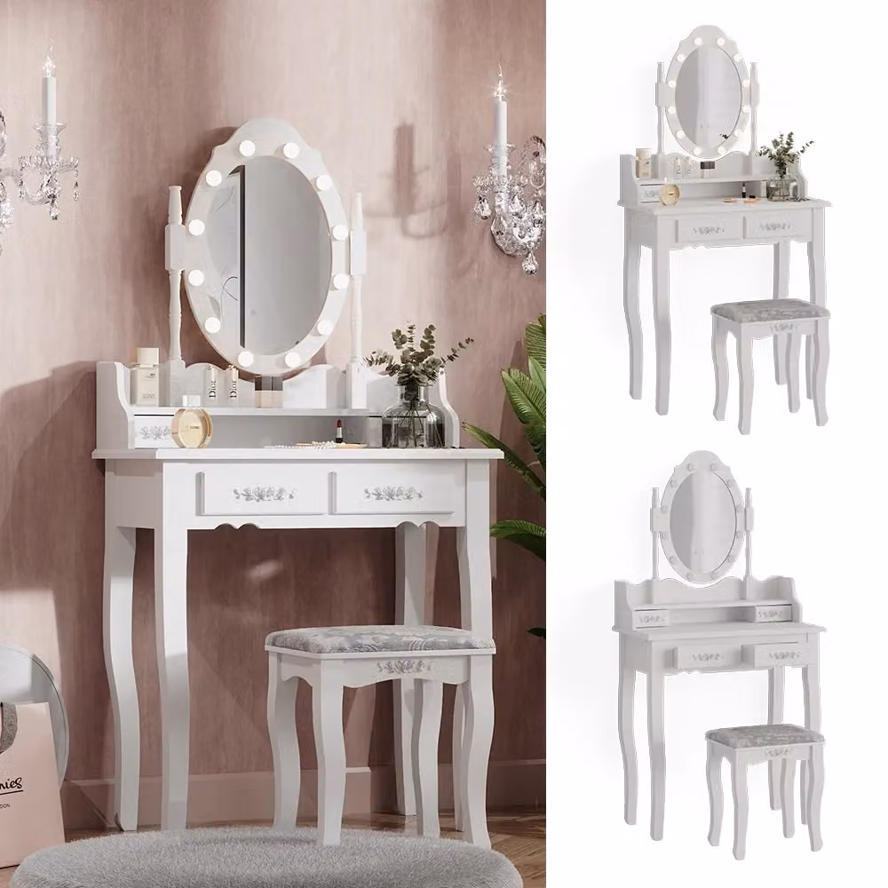 Tavolo da toeletta Maggie Vicco bianco con illuminazione LED e sgabello L/P/H: 75 x 40 x 146,5 cm – 2