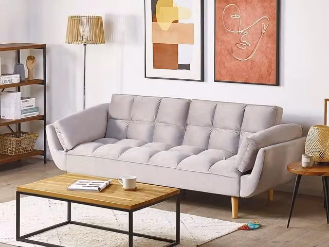 Divano Letto Click Clack Beliani in Velluto Grigio con Gambe in Legno di Gomma per Soggiorno – 1