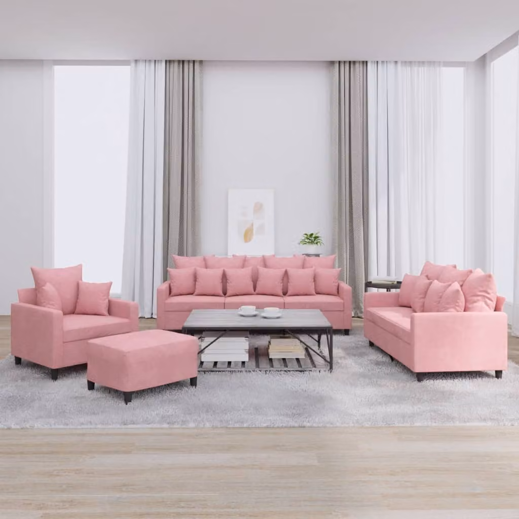 Set di divani vidaXL da 4 pezzi in velluto rosa con cuscini, comprendente divano a 3 posti, divano a 2 posti e pouf – 1