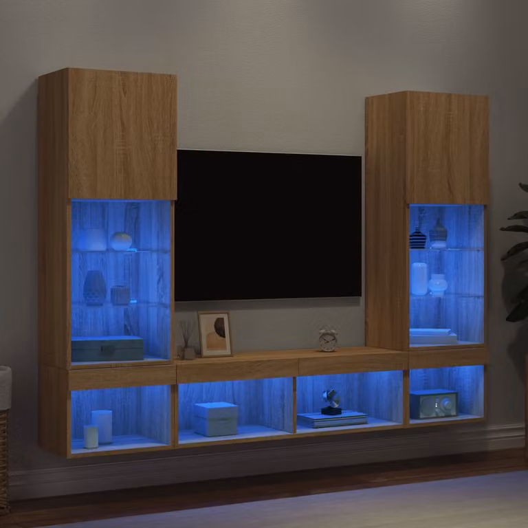 Mobile TV da parete vidaXL con illuminazione LED integrata in legno Rovere Sonoma, set da 5 pezzi