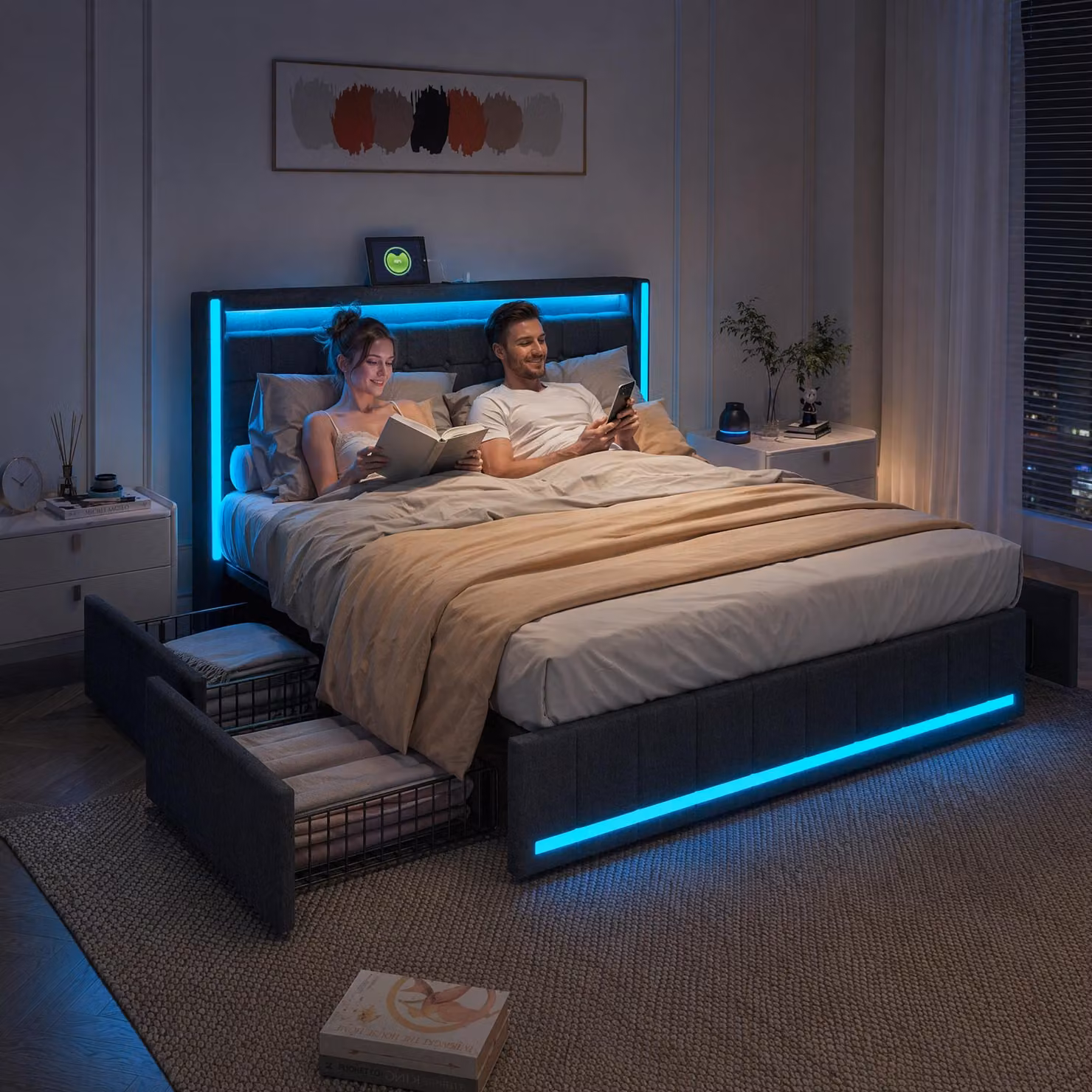 UnboxG Letto imbottito 160x200cm con USB, letto contenitore letto matrimoniale con rete a doghe e 4 cassetti, letto per ragazzi con LED, letto in legno letto funzionale, biancheria, grigio