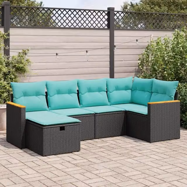 Set Divano da Giardino a L vidaXL in Polyrattan con Cuscini, 6 Pezzi, Nero e Blu