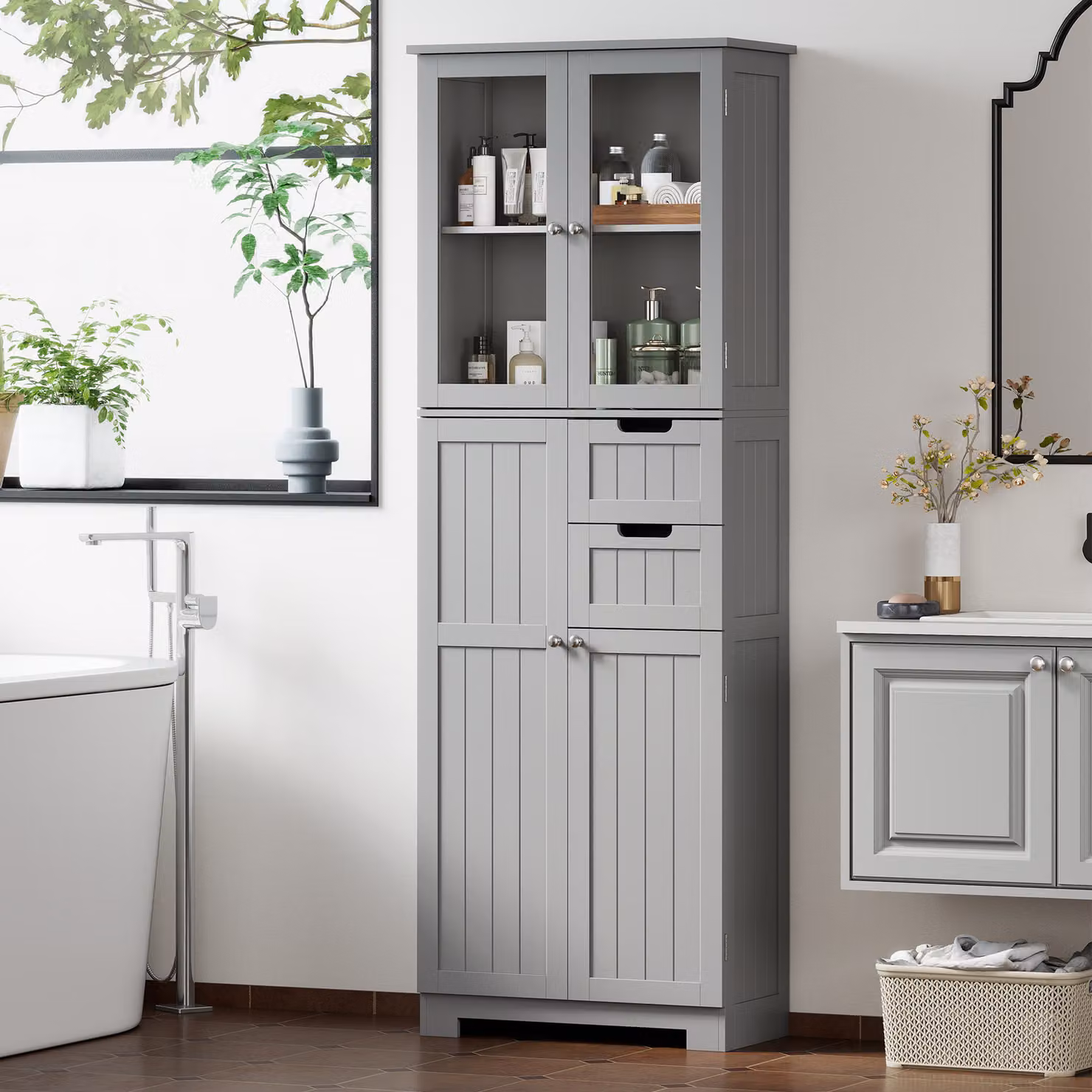 Mobile da bagno alto HOMCOM bianco con 4 ante, 2 ante vetrate, 2 cassetti e ripiani regolabili – 2