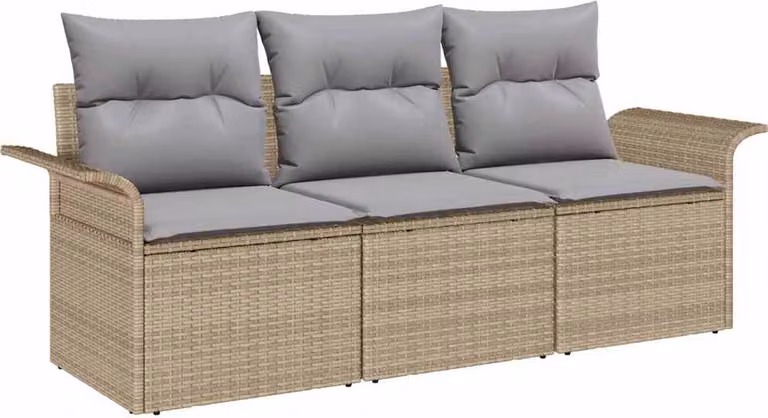 Set Divano da Giardino con cuscino 3 pcs Beige Poly Rattan