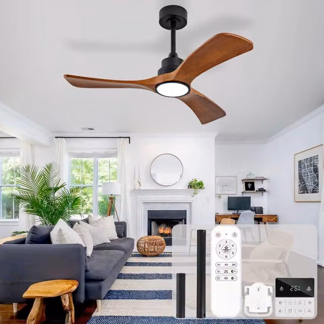 Ventilatore da soffitto 42 pollici con illuminazione, 3 pale legno massello, telecomando e wifi, motore DC silenzioso reversibile, moderno