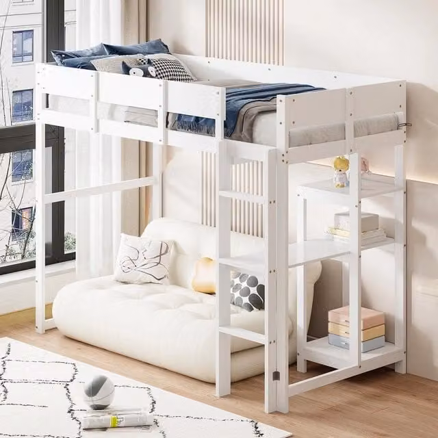 Letto a Soppalco con Ripiano ¨C MINIMAL ¨C Pino Massello, Rete a Doghe, Bianco, 90x200