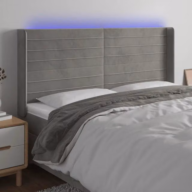 Testiera con LED Design Mania in Velluto Grigio Chiaro con Porte USB, L: 163 cm, P: 16 cm, H: 118/128 cm