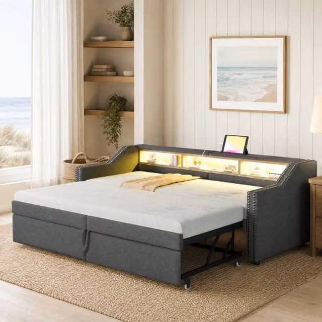 Divano letto imbottito estraibile 90/180 x 200 cm con LED; USB e contenitore; grigio scuro