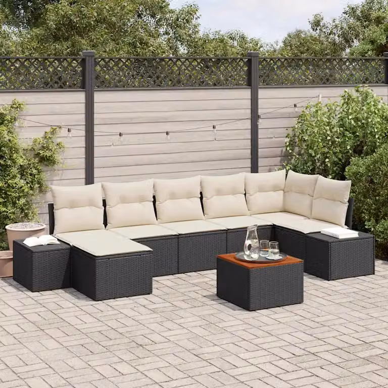 Set Divano da Giardino a L vidaXL 8 Pezzi Nero con Cuscini e Tavolino in Polyrattan e Acciaio