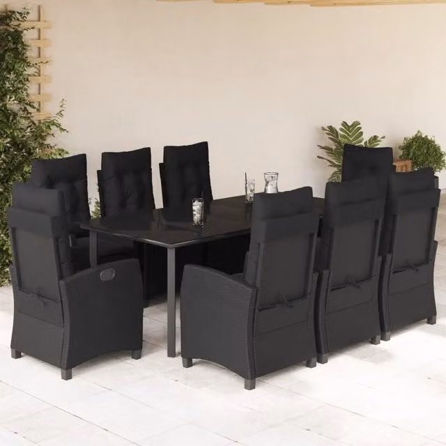 Set da pranzo da giardino vidaXL in polyrattan nero con tavolo in vetro e 9 pezzi – 1