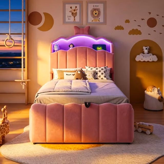 Letto per bambini 90 × 200 cm con contenitore idraulico, USB e Type-C, LED regolabile, sans materasso, en velluto rosa
