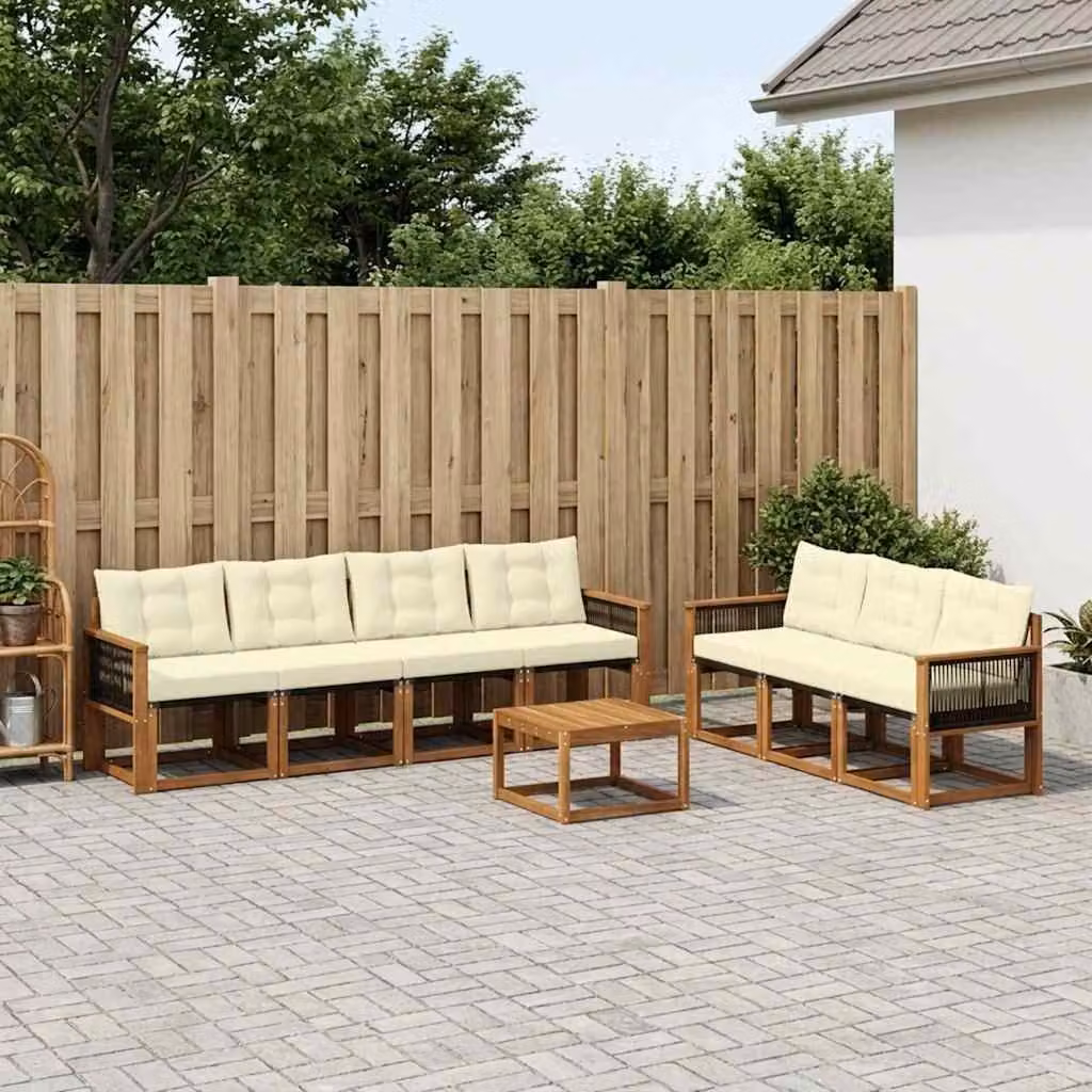 Set di divani da esterno vidaXL 8 pz in legno di acacia con tavolino e cuscini, colore beige e bianco