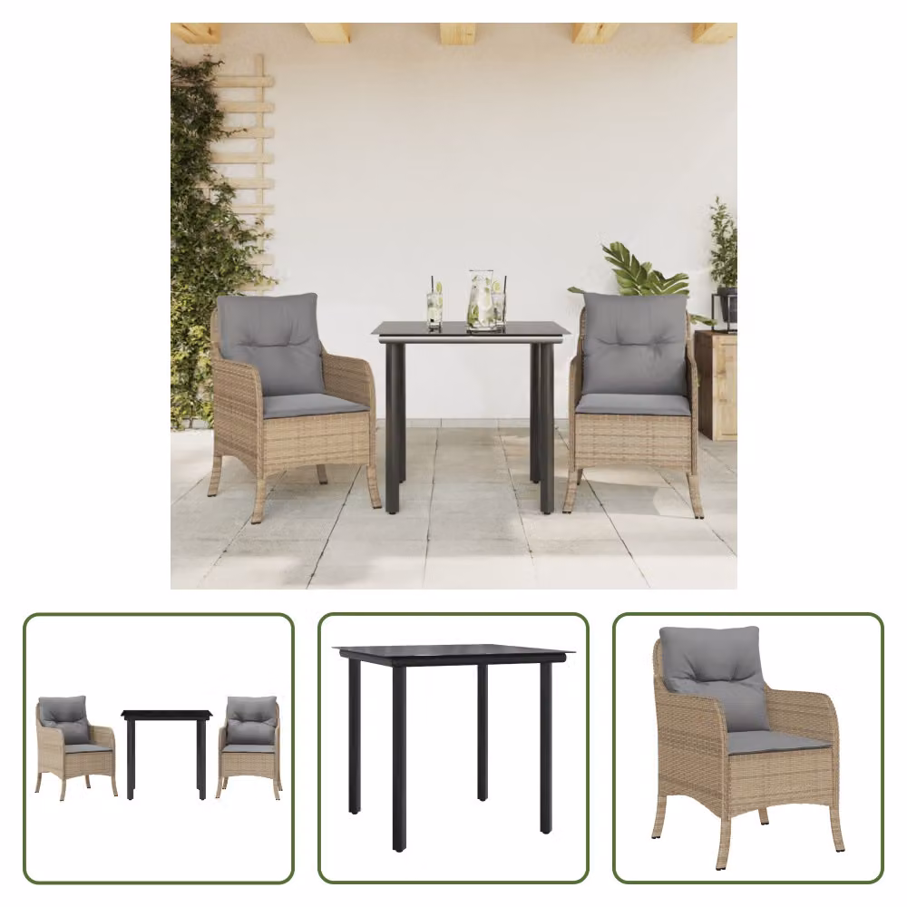 The Living Store Set da pranzo da giardino 3 pezzi con cuscini Beige poly rattan